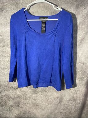August Silk Knit Blouse Cobalt Blue Long Sleeve Ruched V-Neck Top Size L